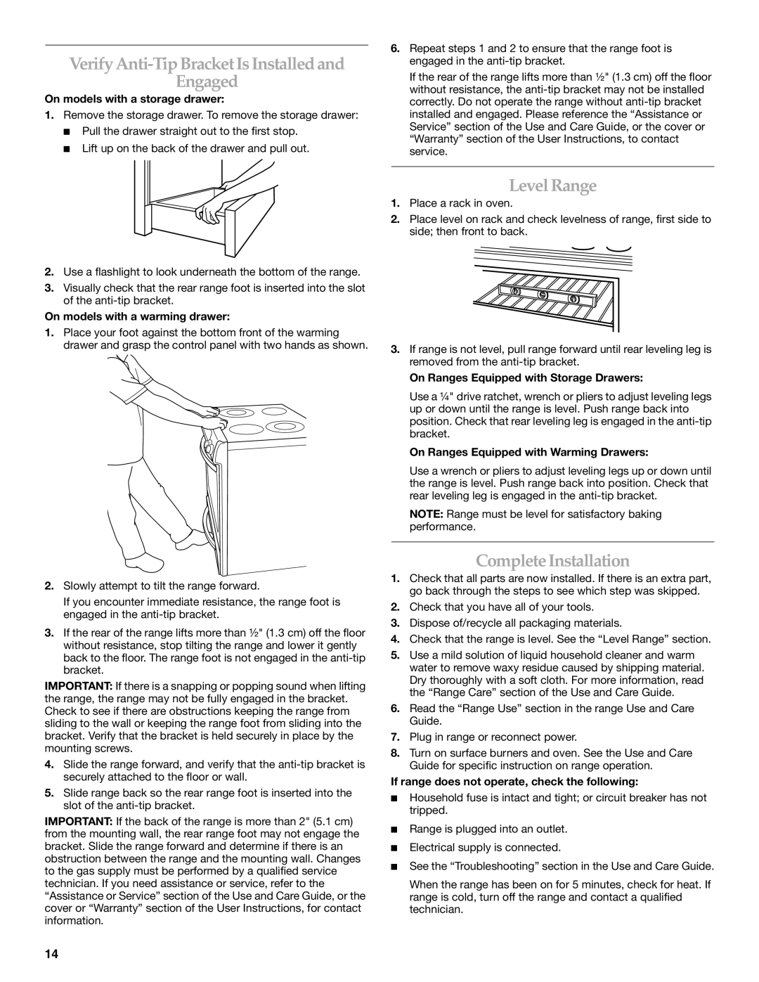 KitchenAid W10440551A Verify Anti-Tip Bracket Is Installed Engaged, Level Range, Complete Installation 