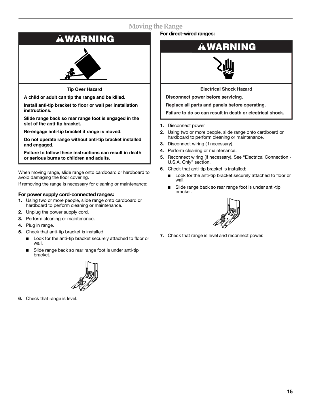 KitchenAid W10440551A Moving the Range, For power supply cord-connected ranges, For direct-wired ranges 