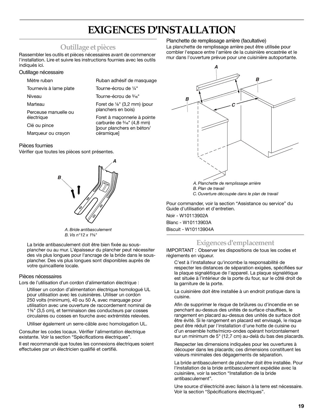 KitchenAid W10440551A installation instructions Exigences Dinstallation, Outillage et pièces, Exigences demplacement 