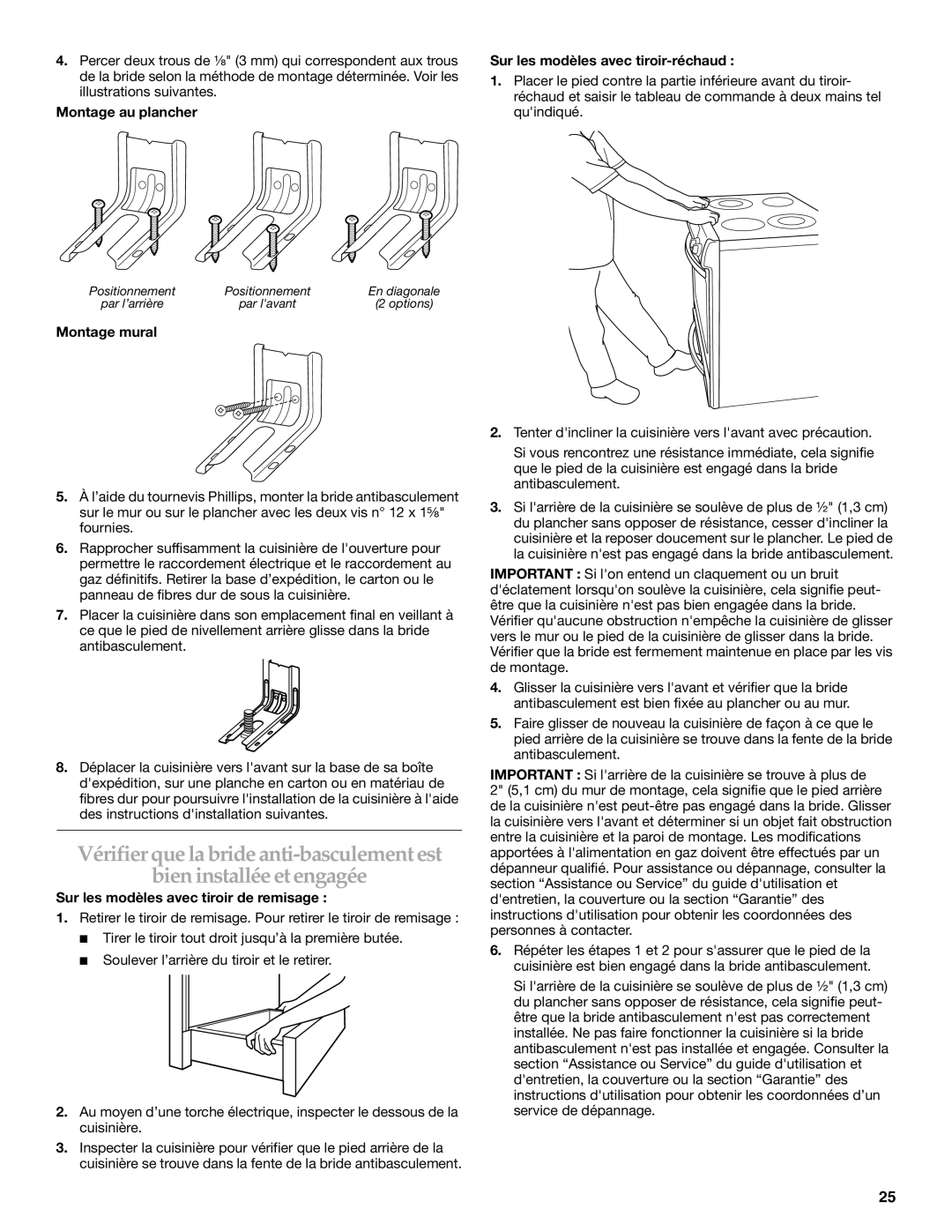 KitchenAid W10440551A installation instructions Montage au plancher Sur les modèles avec tiroir-réchaud, Montage mural 