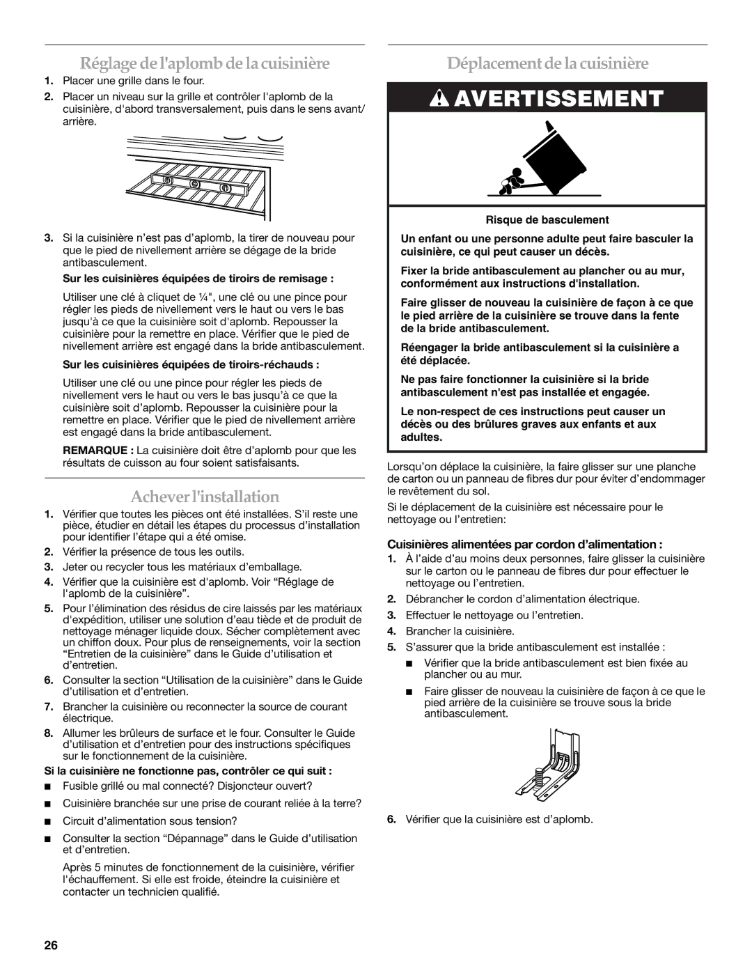 KitchenAid W10440551A Réglage de laplomb de la cuisinière, Achever linstallation, Déplacement de la cuisinière 