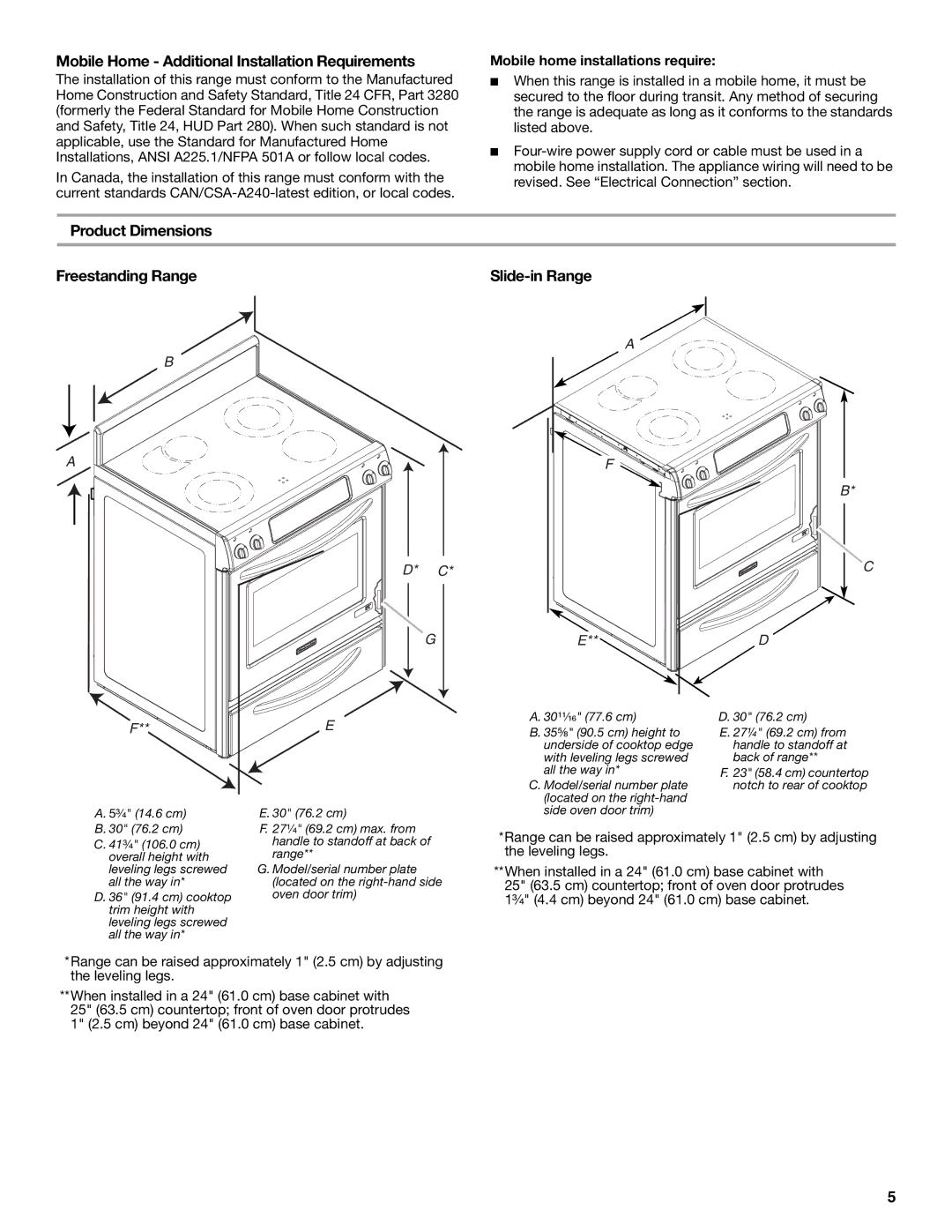 KitchenAid W10440551A Mobile Home Additional Installation Requirements, Product Dimensions Freestanding Range 