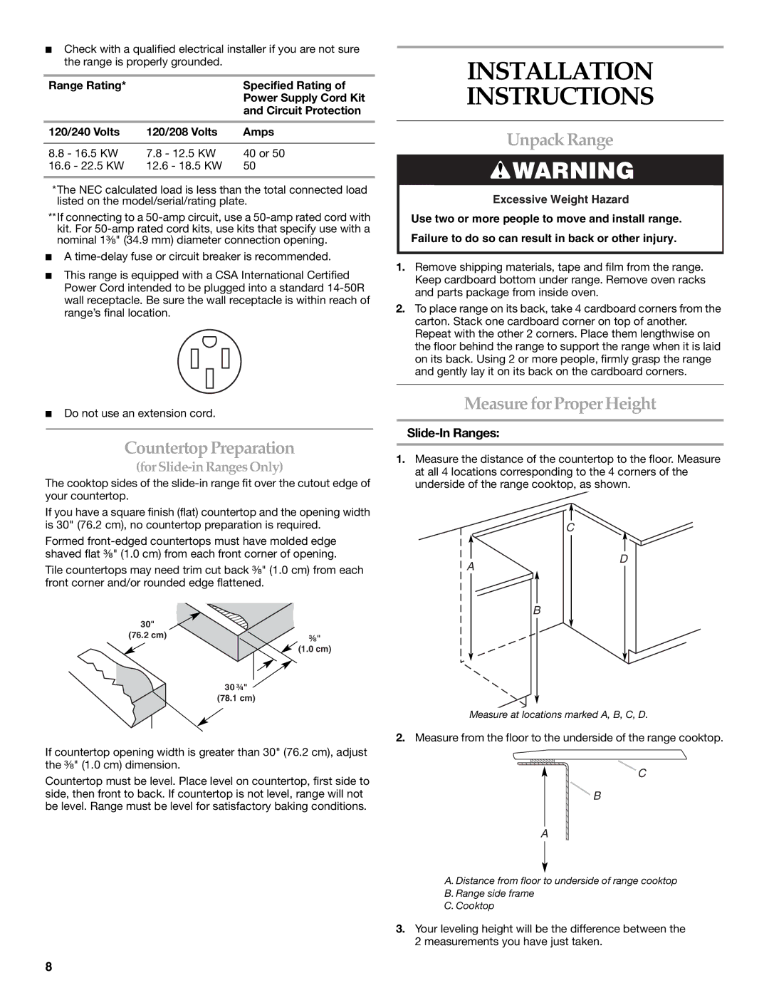 KitchenAid W10440551A Installation Instructions, Countertop Preparation, Unpack Range, Measure for Proper Height 