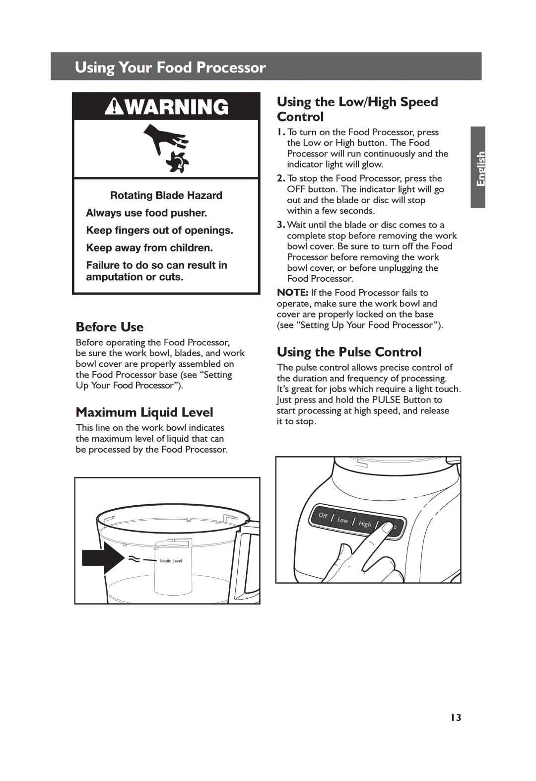 KitchenAid W10457226A_ENv4 Before Use, Maximum Liquid Level, Using the Low/High Speed Control, Using the Pulse Control 