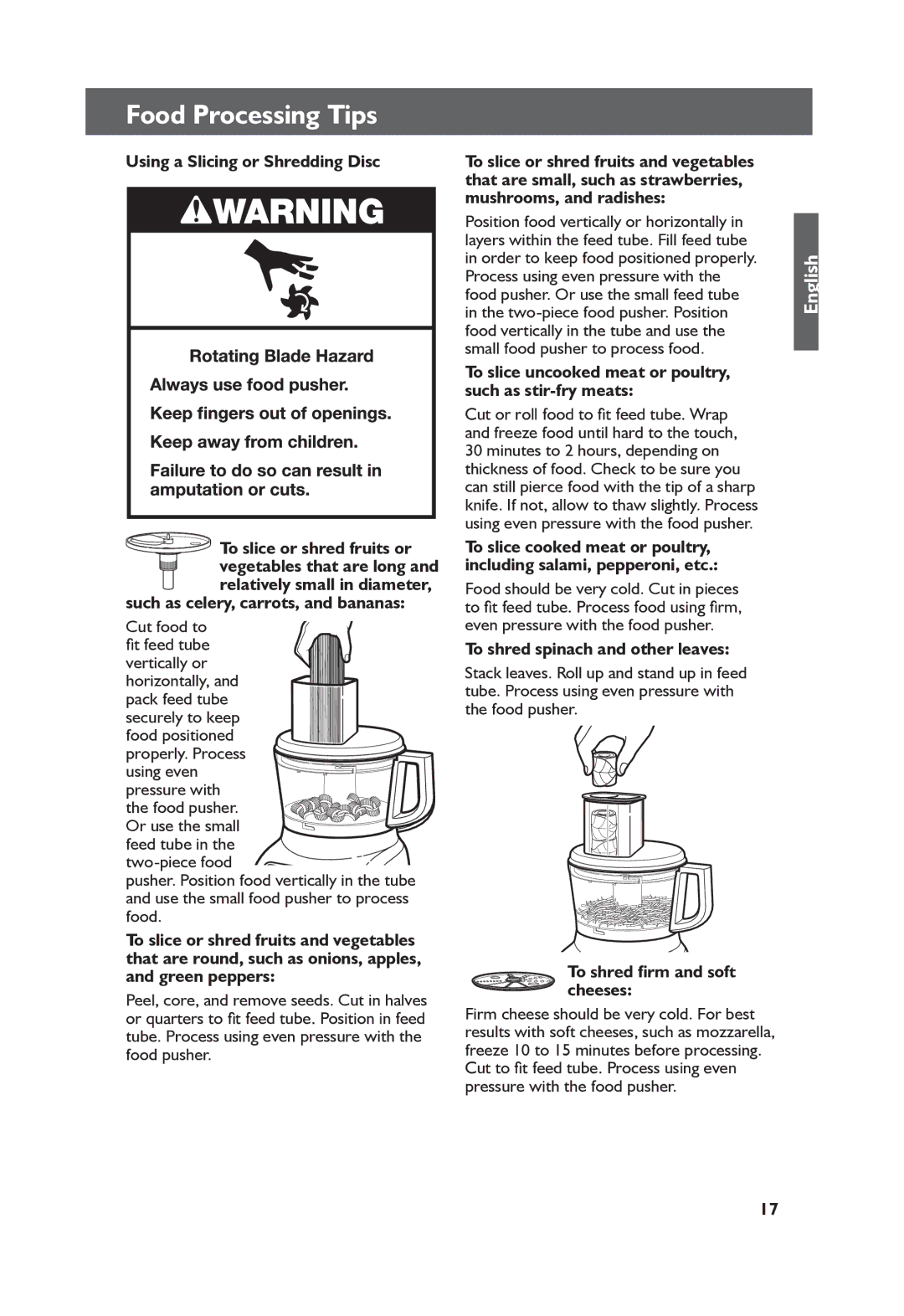 KitchenAid W10457226A_ENv4 manual Such as celery, carrots, and bananas, Cut food to fit feed tube vertically or 