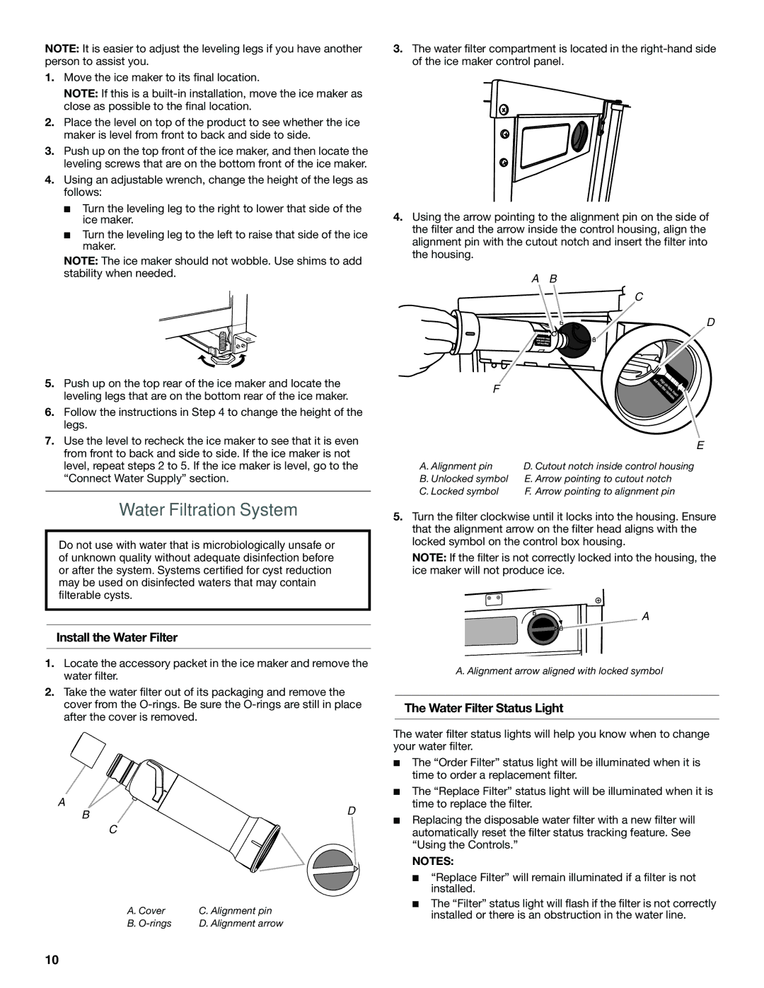 KitchenAid W10515677C manual Water Filtration System, Install the Water Filter, Water Filter Status Light 