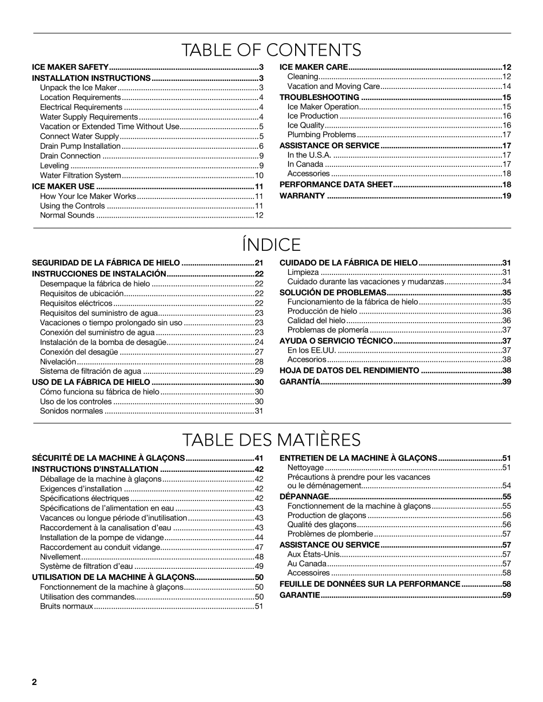 KitchenAid W10515677C manual Table of Contents, Índice, Table DES Matières 