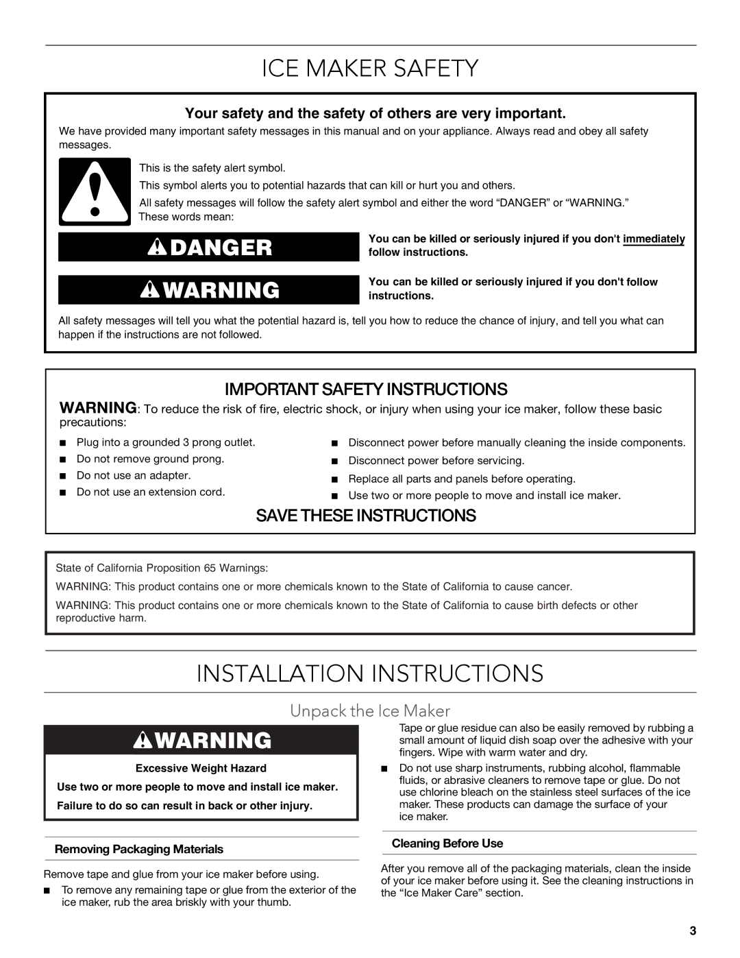 KitchenAid W10515677C ICE Maker Safety, Installation Instructions, Unpack the Ice Maker, Removing Packaging Materials 