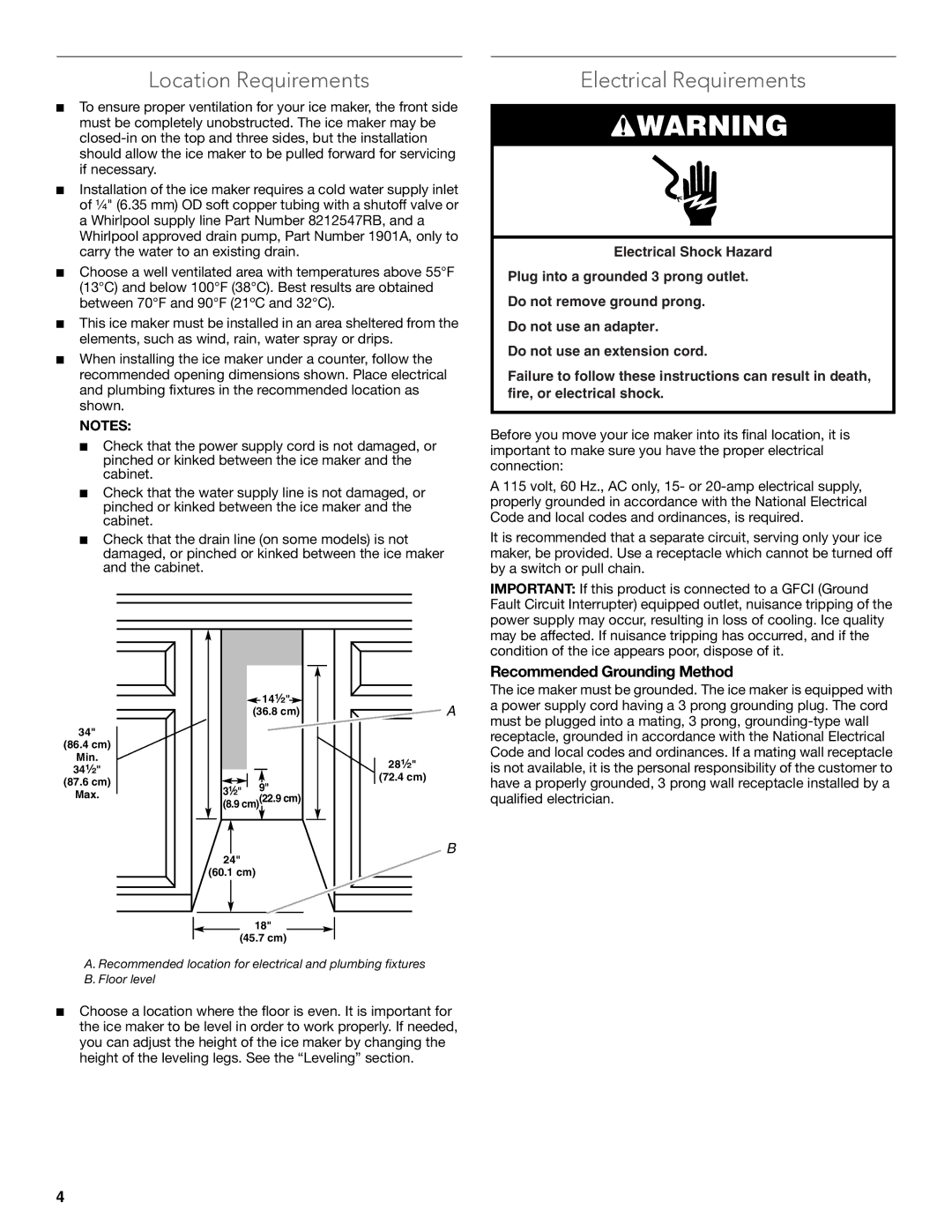 KitchenAid W10515677C manual Location Requirements, Electrical Requirements, Recommended Grounding Method 