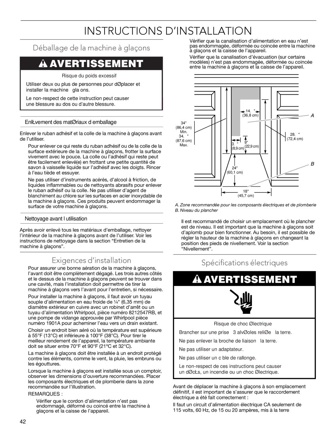 KitchenAid W10515677C manual Instructions D’INSTALLATION, Déballage de la machine à glaçons, Exigences d’installation 