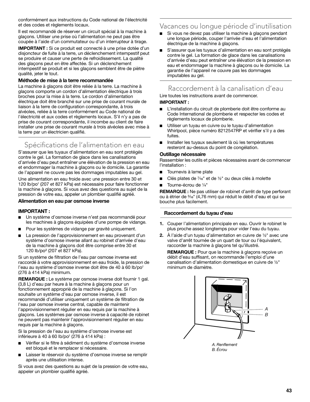 KitchenAid W10515677C manual Spécifications de l’alimentation en eau, Vacances ou longue période d’inutilisation 