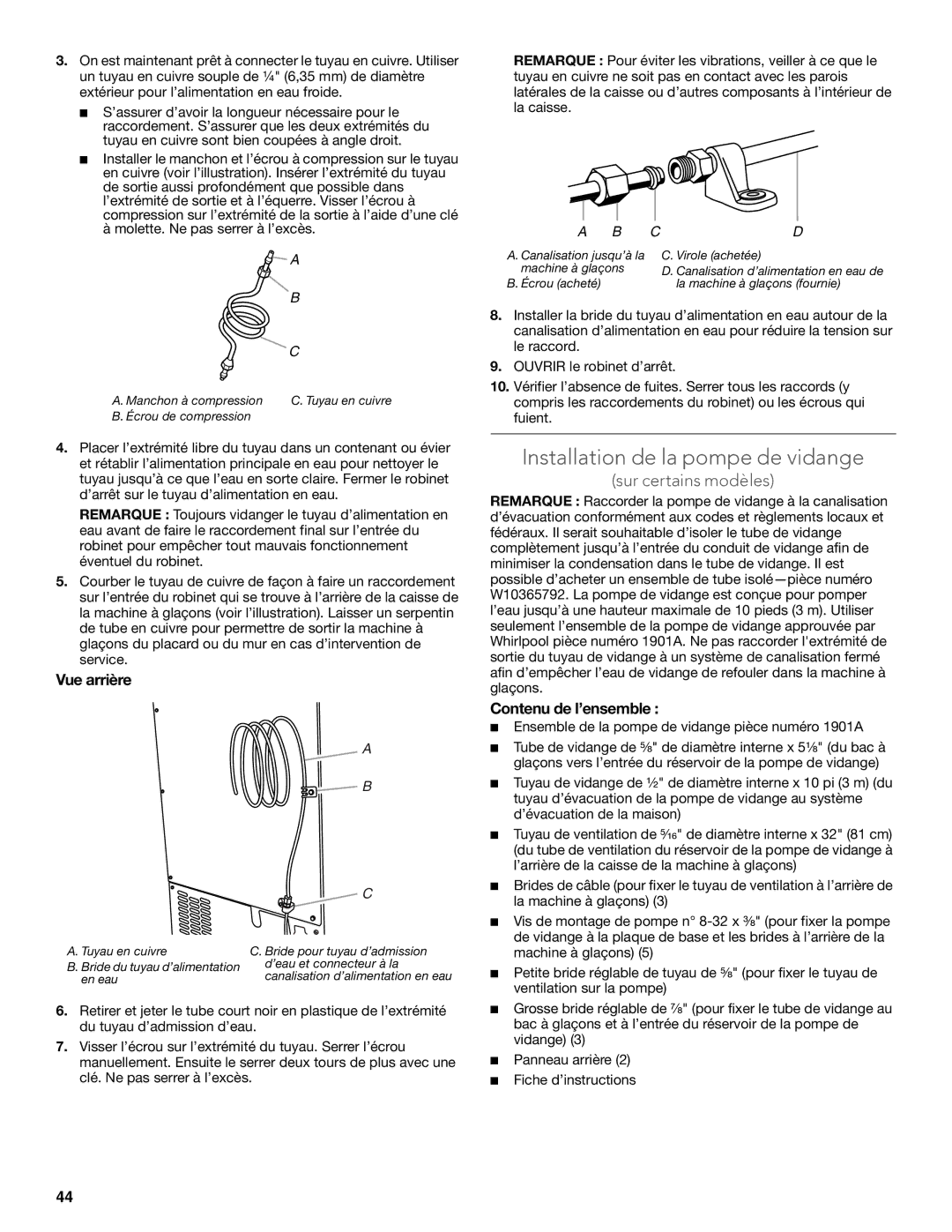 KitchenAid W10515677C manual Installation de la pompe de vidange, Vue arrière, Contenu de l’ensemble 