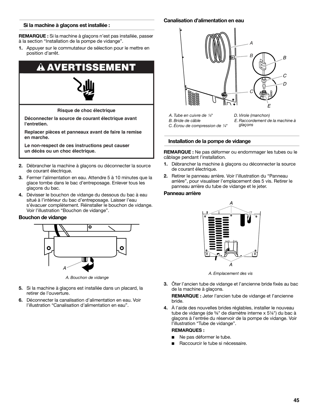 KitchenAid W10515677C manual Si la machine à glaçons est installée, Bouchon de vidange, Canalisation d’alimentation en eau 