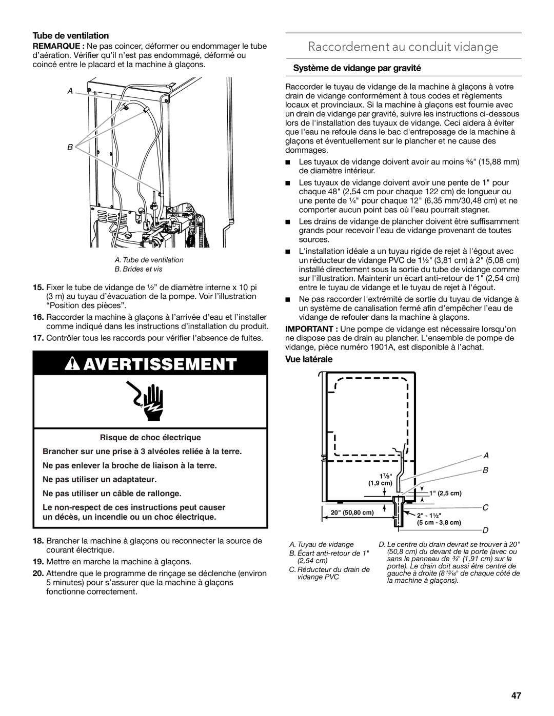 KitchenAid W10515677C Raccordement au conduit vidange, Tube de ventilation, Système de vidange par gravité, Vue latérale 