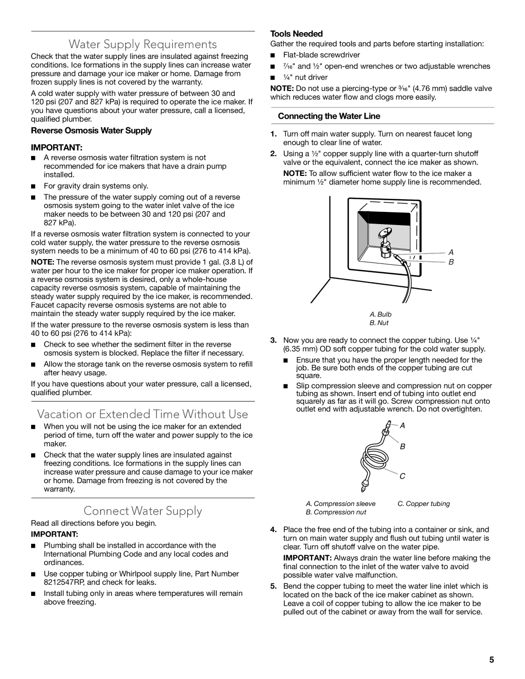 KitchenAid W10515677C manual Water Supply Requirements, Vacation or Extended Time Without Use, Connect Water Supply 