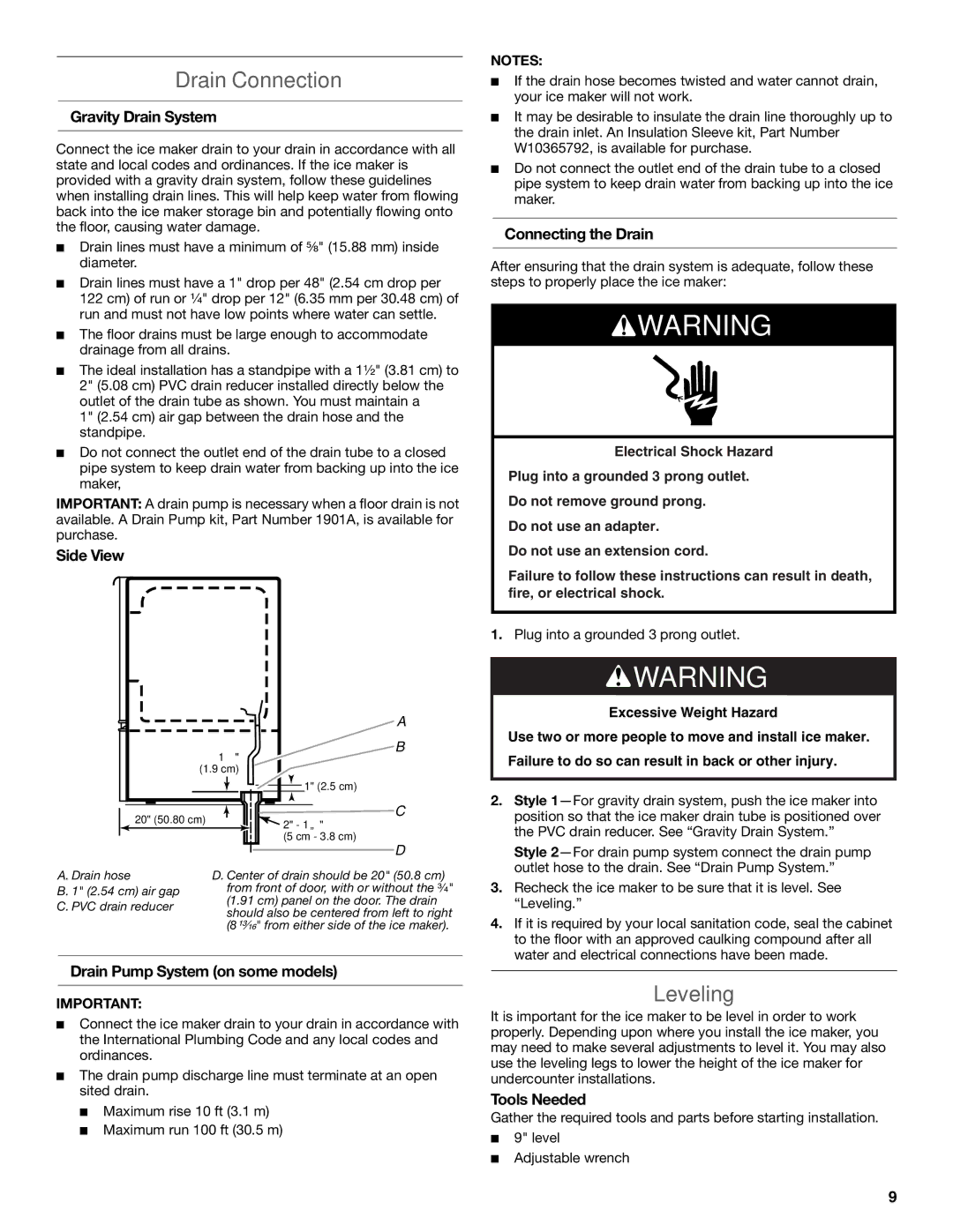 KitchenAid W10515677C manual Drain Connection, Leveling 