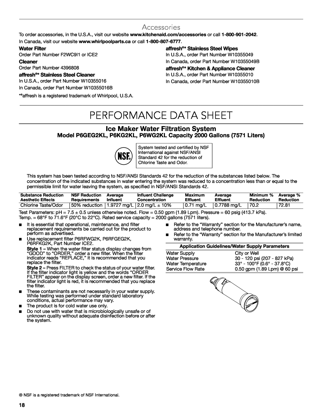 KitchenAid W10515677C Performance Data Sheet, Accessories, Ice Maker Water Filtration System, Water Filter, Cleaner, 70.2 