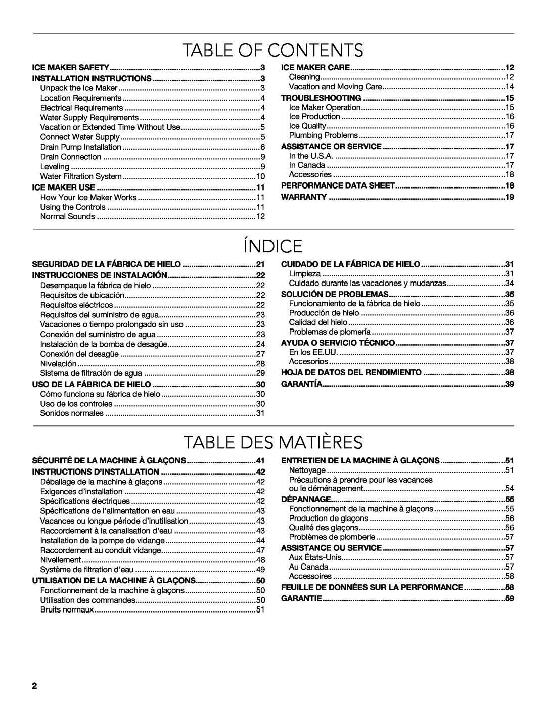 KitchenAid W10515677C Table Of Contents, Índice, Table Des Matières, Ice Maker Safety, Installation Instructions, Warranty 