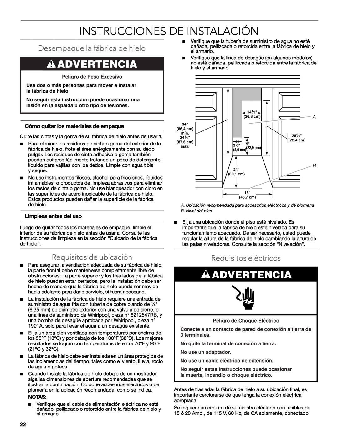 KitchenAid W10515677C Instrucciones De Instalación, Advertencia, Desempaque la fábrica de hielo, Requisitos de ubicación 