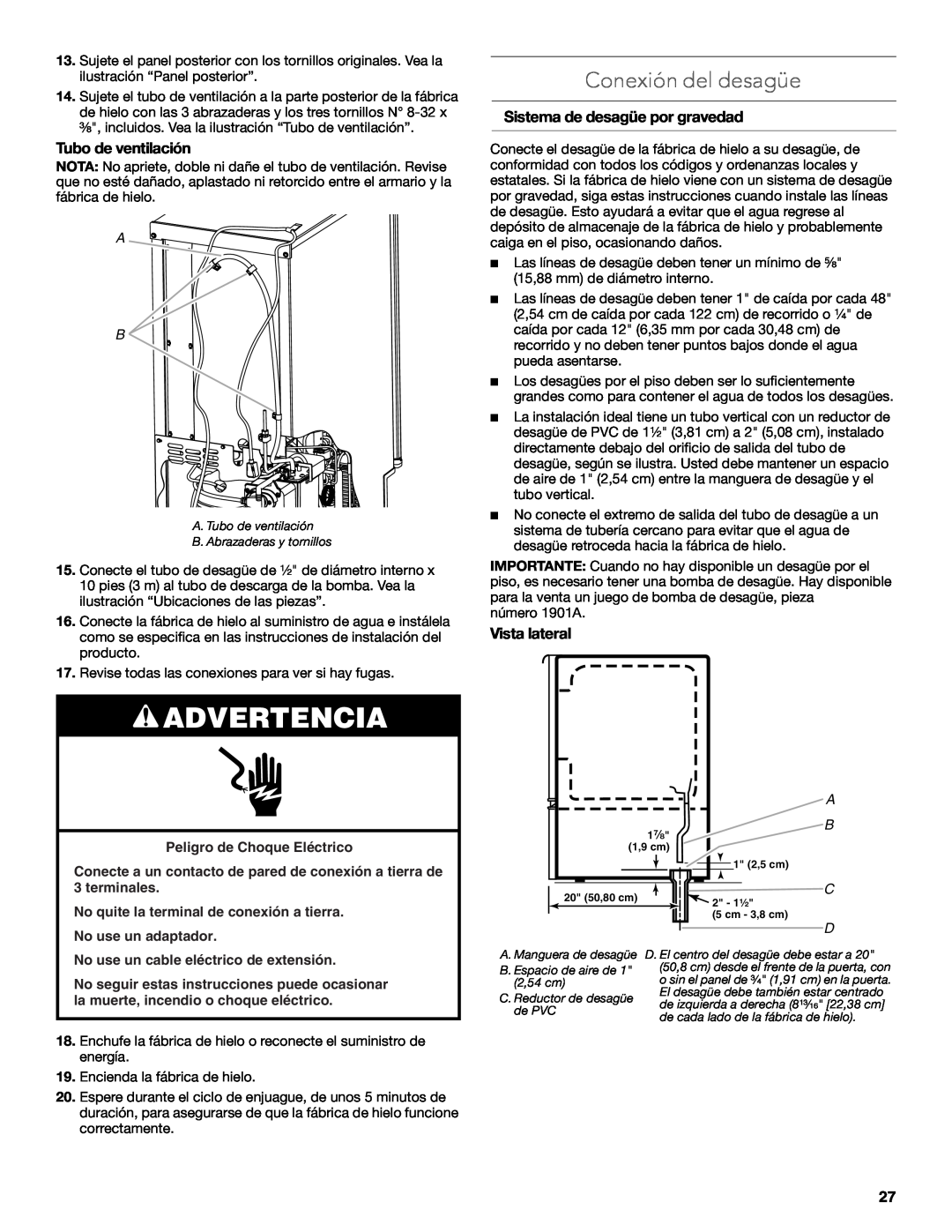 KitchenAid W10515677C manual Conexión del desagüe, Tubo de ventilación, Sistema de desagüe por gravedad, Vista lateral 