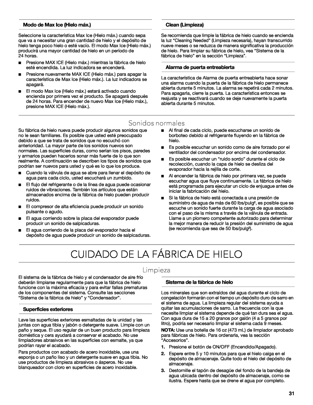 KitchenAid W10515677C manual Cuidado De La Fábrica De Hielo, Sonidos normales, Limpieza, Modo de Max Ice Hielo máx 