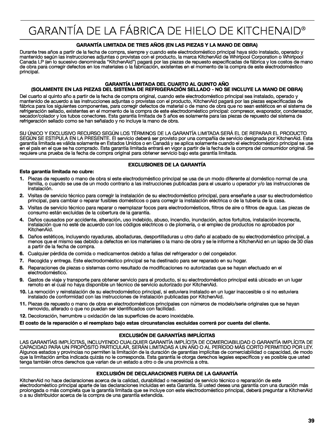 KitchenAid W10515677C manual Garantía De La Fábrica De Hielo De Kitchenaid, Garantía Limitada Del Cuarto Al Quinto Año 