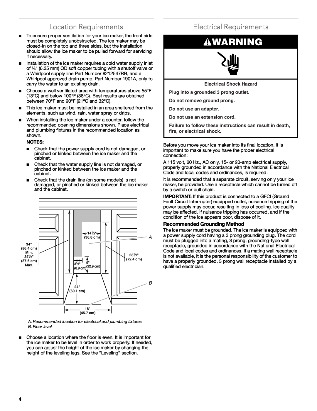 KitchenAid W10515677C manual Location Requirements, Electrical Requirements, Recommended Grounding Method 