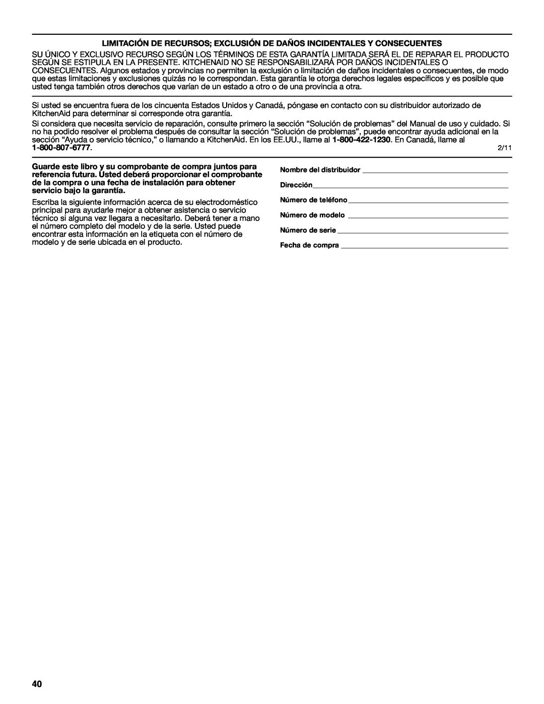 KitchenAid W10515677C manual Limitación De Recursos Exclusión De Daños Incidentales Y Consecuentes 