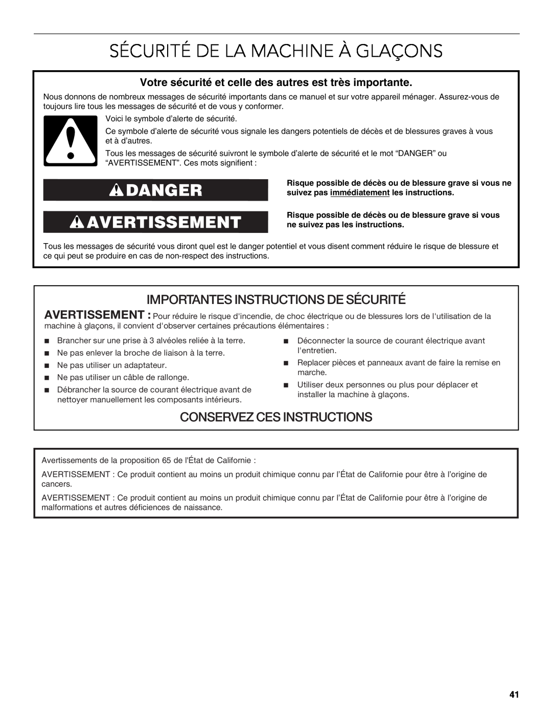 KitchenAid W10515677C manual Sécurité De La Machine À Glaçons, Danger Avertissement, Importantes Instructions De Sécurité 