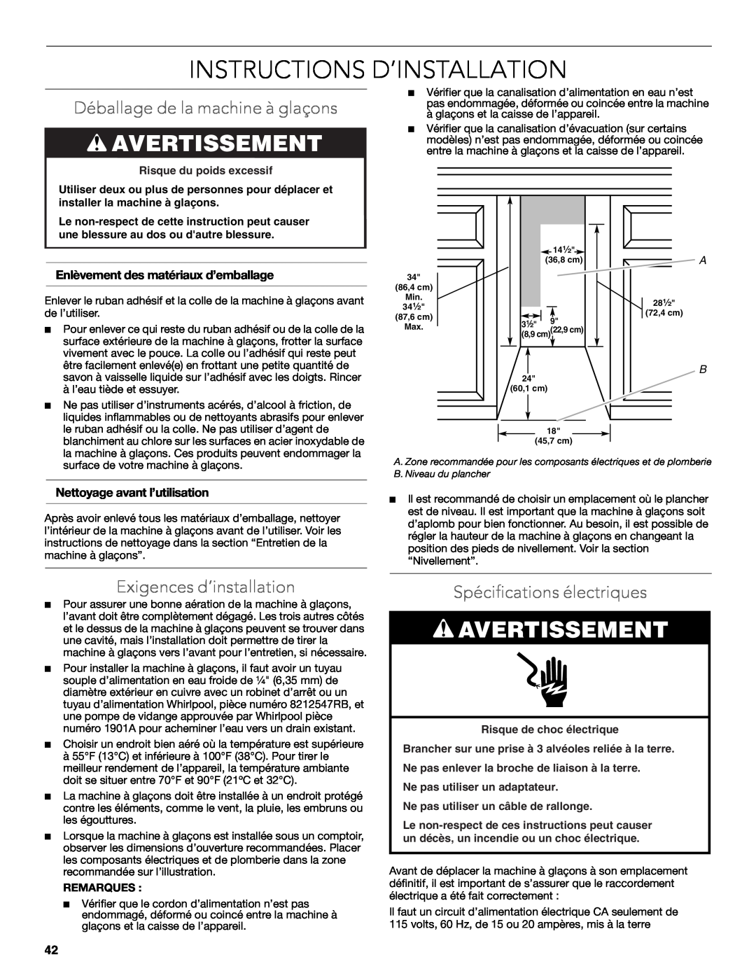 KitchenAid W10515677C manual Instructions D’Installation, Avertissement, Déballage de la machine à glaçons, Remarques 