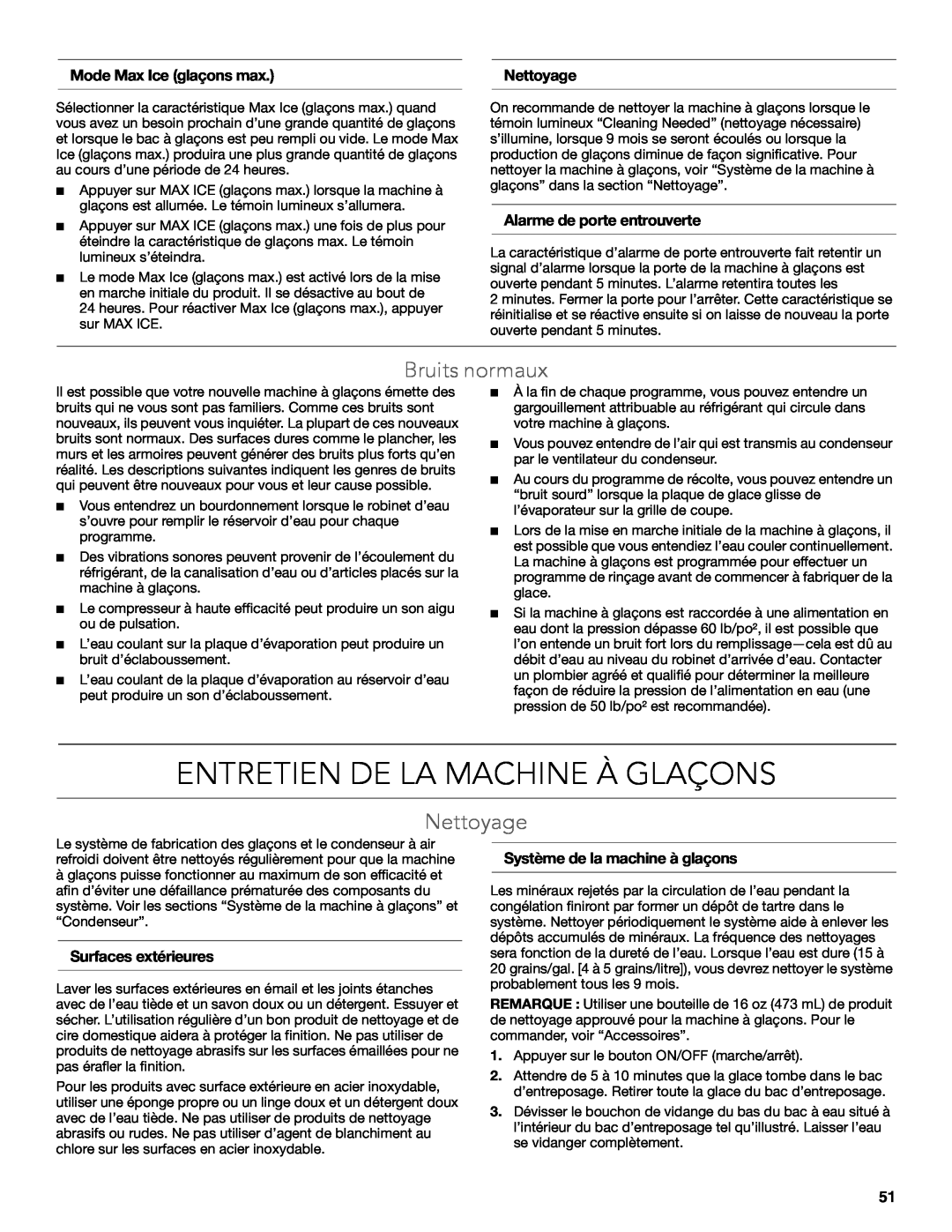 KitchenAid W10515677C manual Entretien De La Machine À Glaçons, Bruits normaux, Nettoyage, Mode Max Ice glaçons max 
