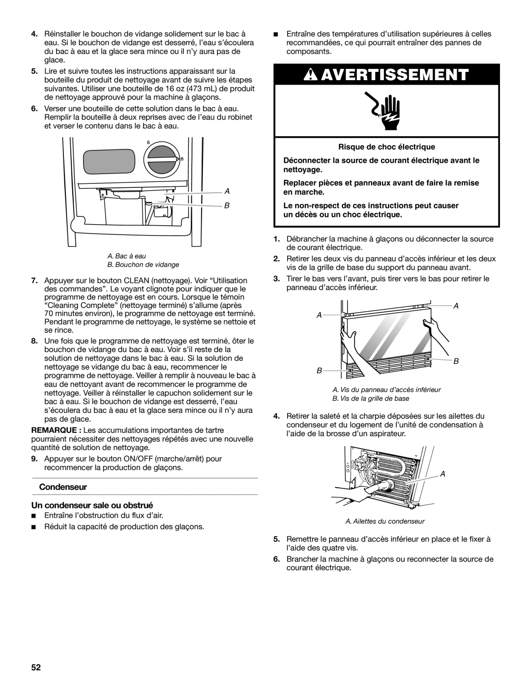 KitchenAid W10515677C manual Condenseur Un condenseur sale ou obstrué, Avertissement, Risque de choc électrique, A A B B 