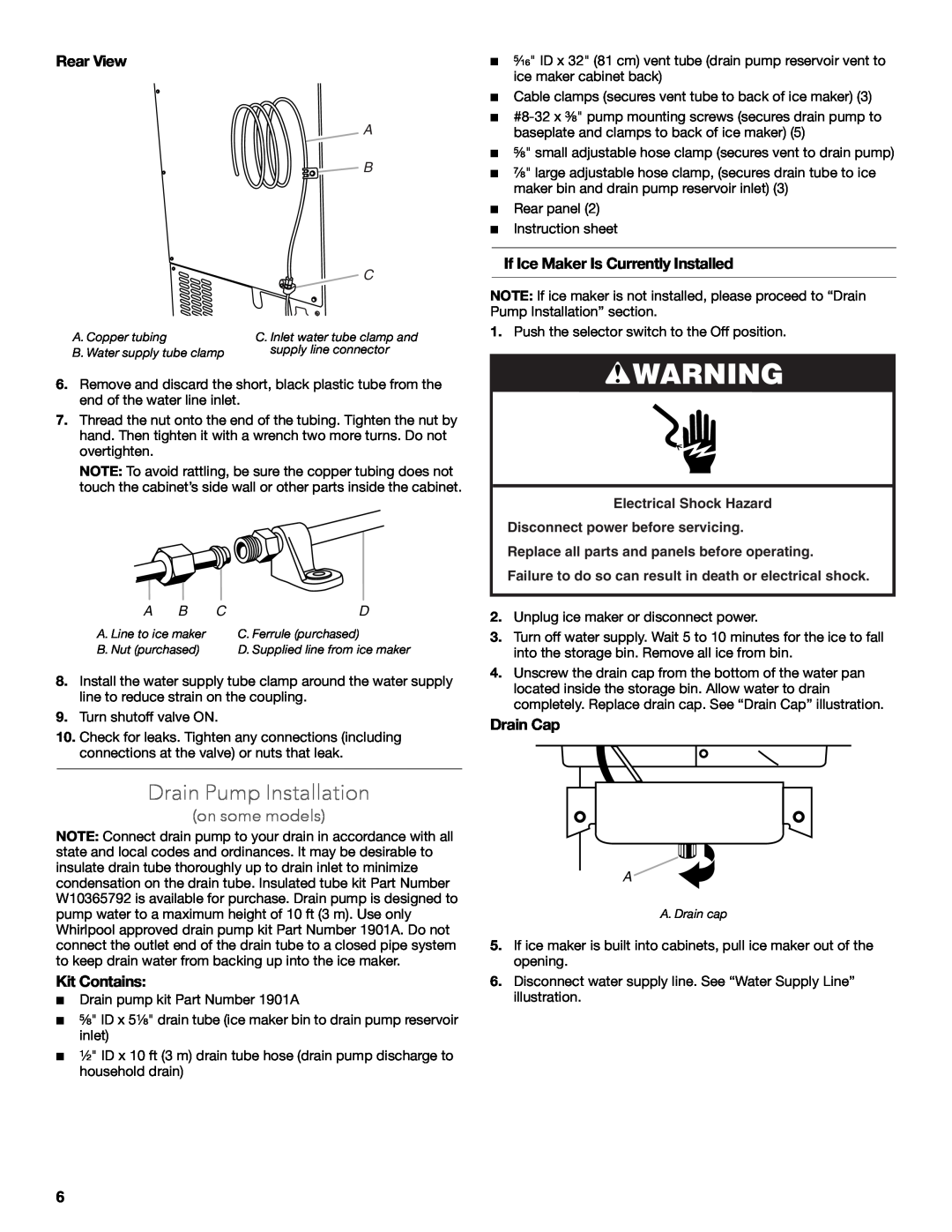 KitchenAid W10515677C manual Drain Pump Installation, on some models, Rear View, Kit Contains, Drain Cap, A B C 