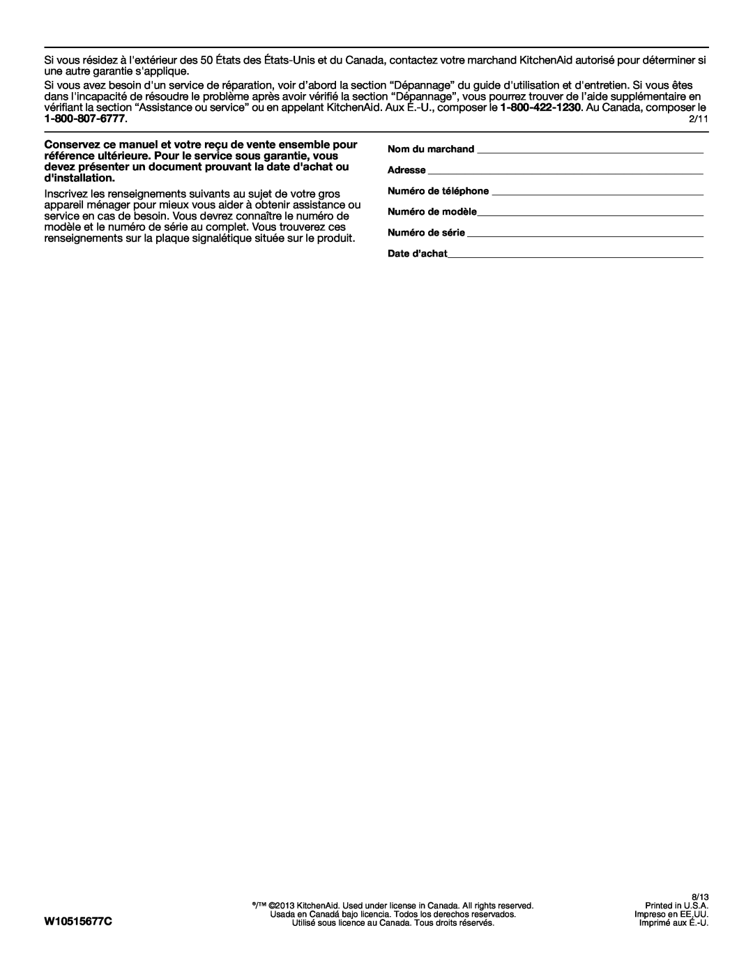 KitchenAid W10515677C manual Nom du marchand Adresse Numéro de téléphone Numéro de modèle, Numéro de série Date d’achat 