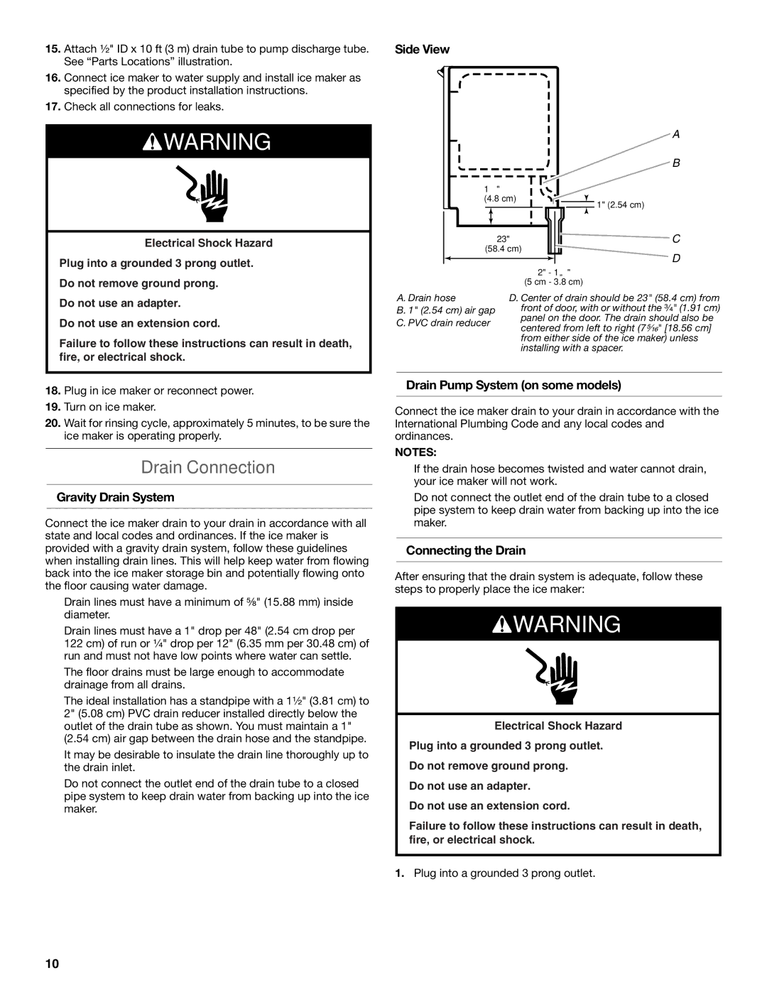 KitchenAid W10520792B manual Drain Connection, Gravity Drain System, Side View, Drain Pump System on some models 