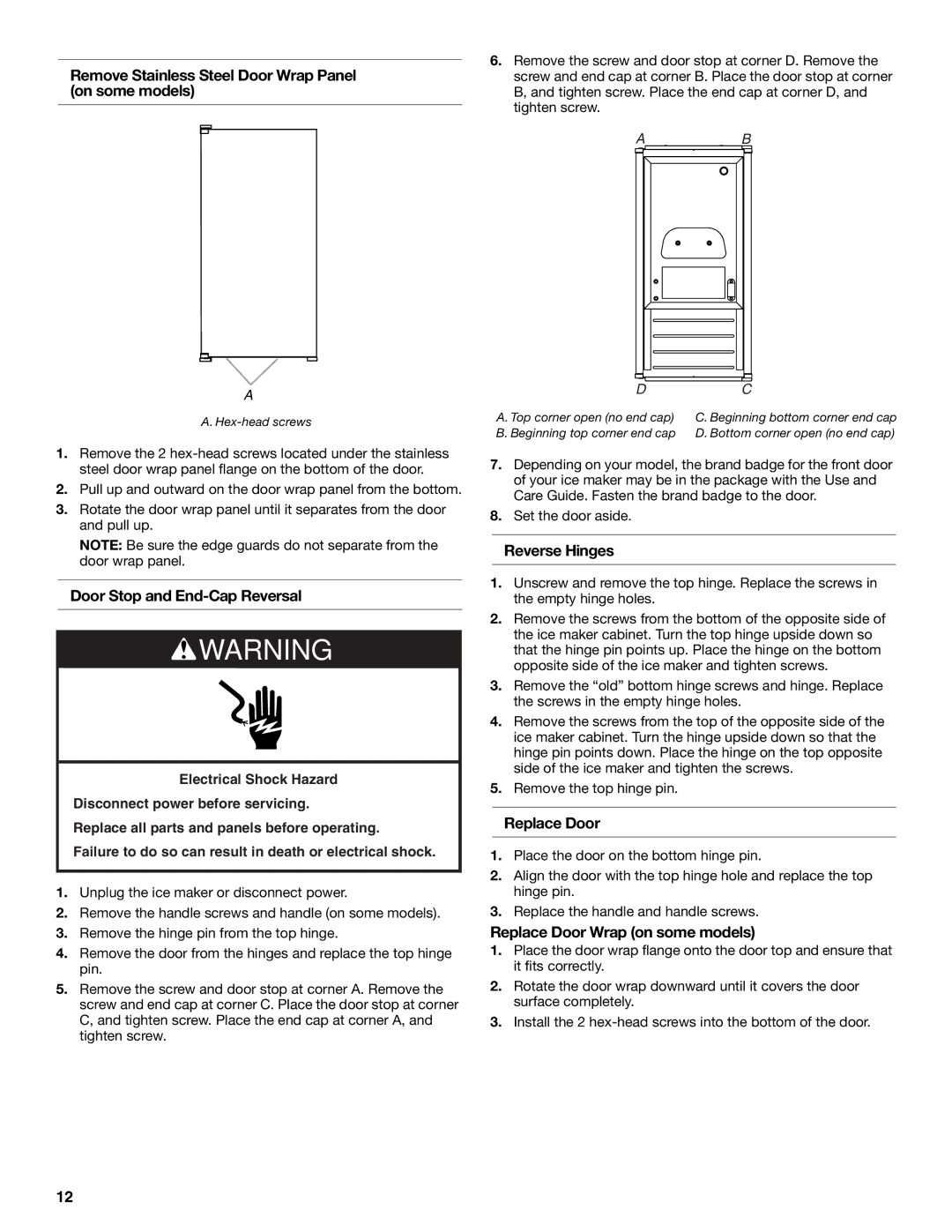 KitchenAid W10520792B Remove Stainless Steel Door Wrap Panel on some models, Door Stop and End-Cap Reversal, Replace Door 