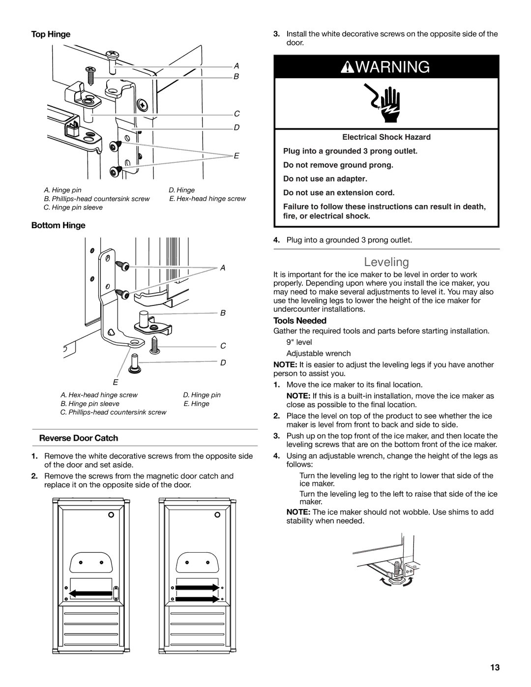 KitchenAid W10520792B manual Leveling, Top Hinge, Bottom Hinge, Reverse Door Catch 