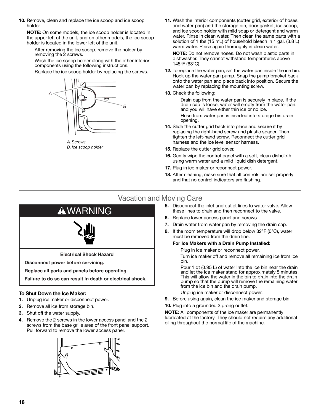 KitchenAid W10520792B Vacation and Moving Care, To Shut Down the Ice Maker, For Ice Makers with a Drain Pump Installed 