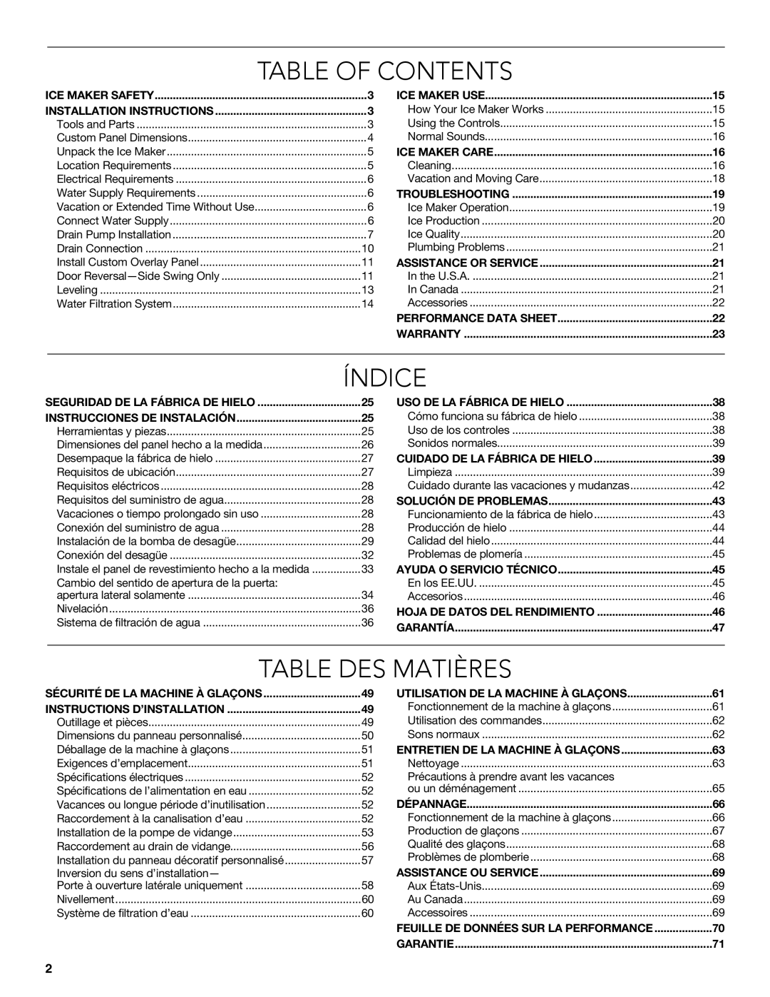 KitchenAid W10520792B manual Table of Contents, Índice, Table DES Matières 