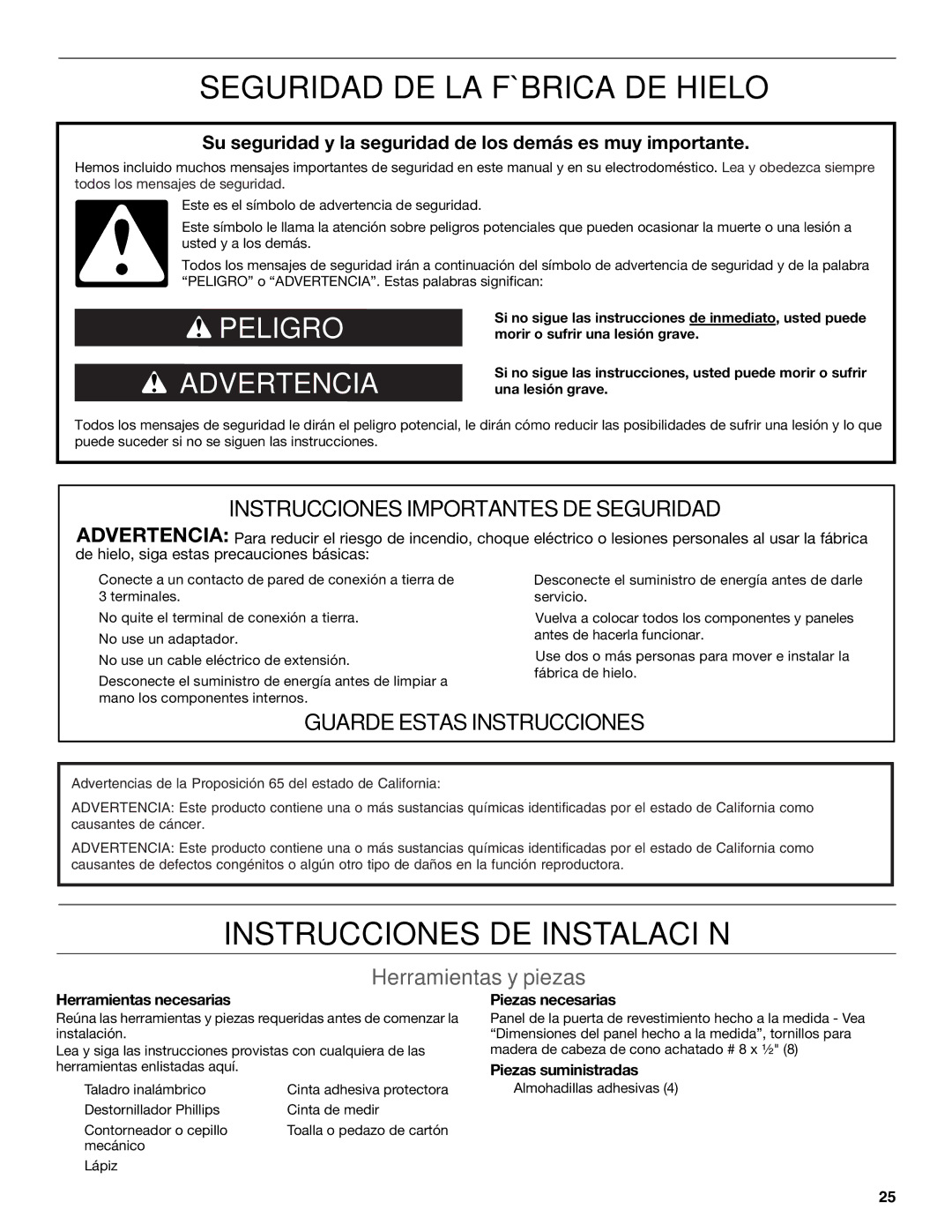 KitchenAid W10520792B manual Seguridad DE LA Fábrica DE Hielo, Instrucciones DE Instalación, Herramientas y piezas 
