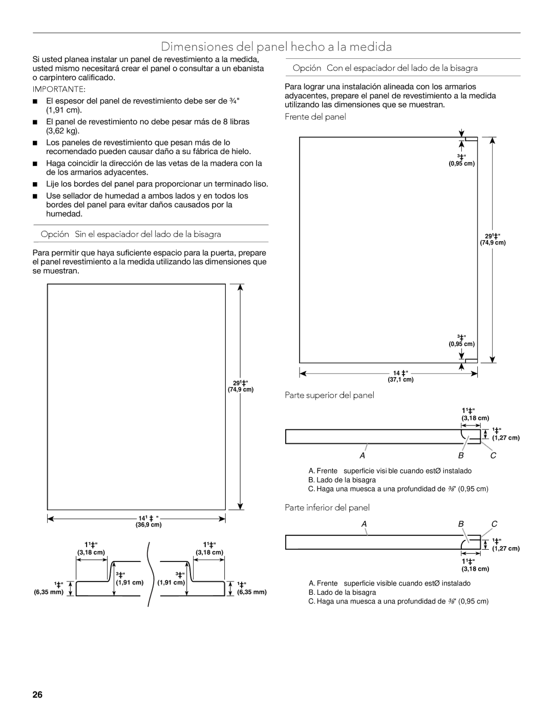 KitchenAid W10520792B manual Dimensiones del panel hecho a la medida 