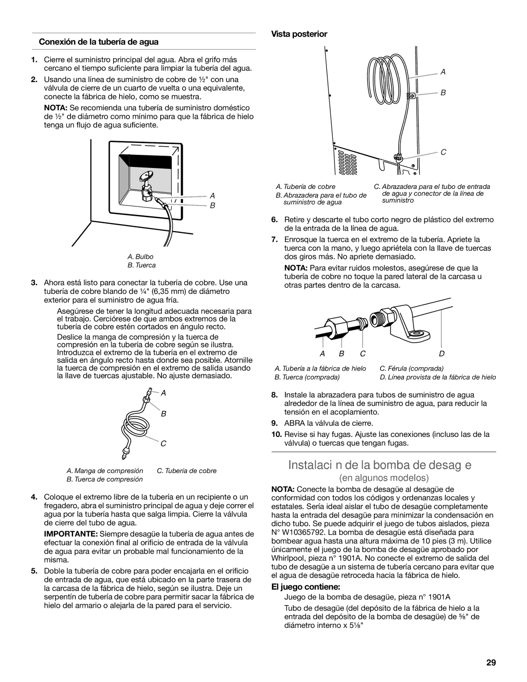 KitchenAid W10520792B manual Instalación de la bomba de desagüe, Conexión de la tubería de agua, Vista posterior 