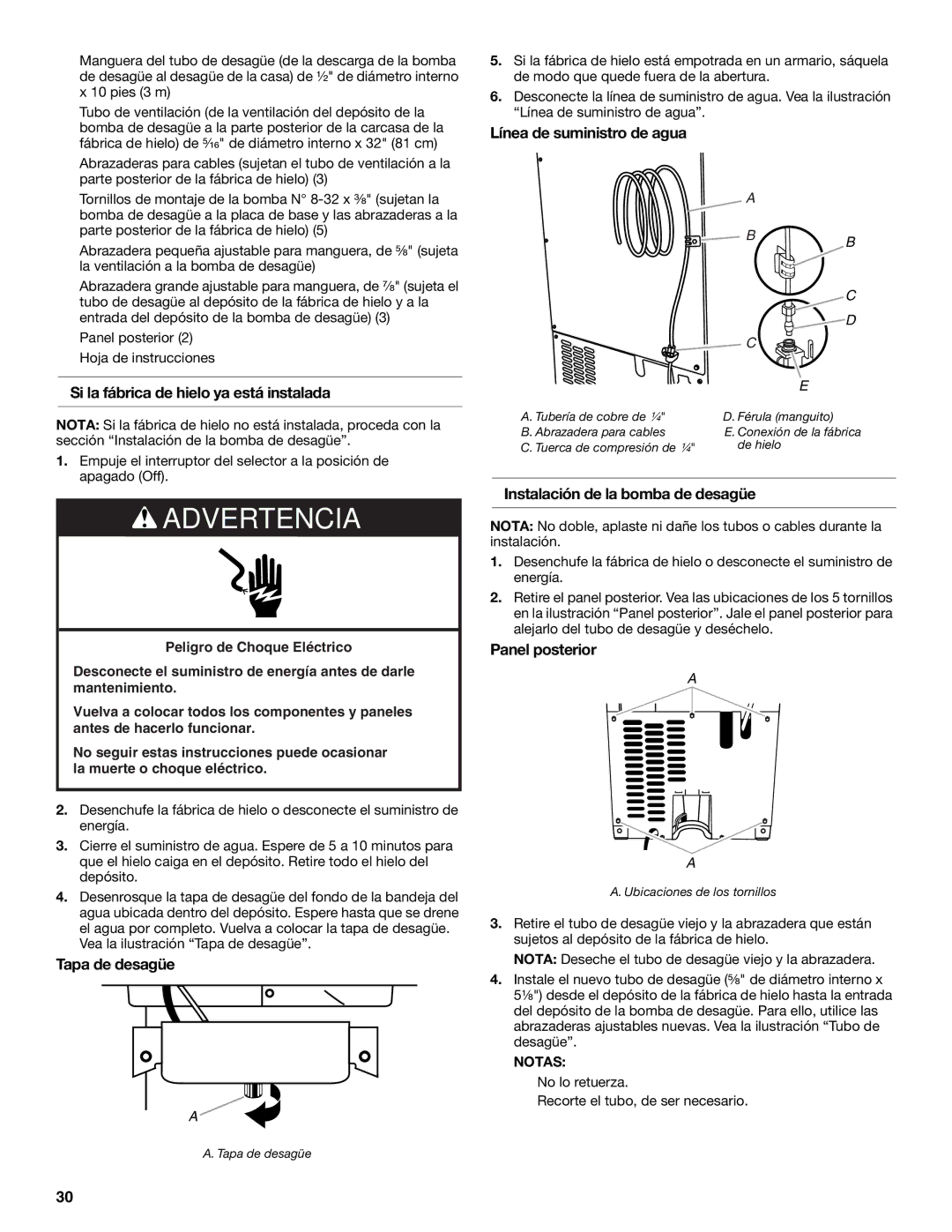 KitchenAid W10520792B manual Si la fábrica de hielo ya está instalada, Tapa de desagüe, Línea de suministro de agua 