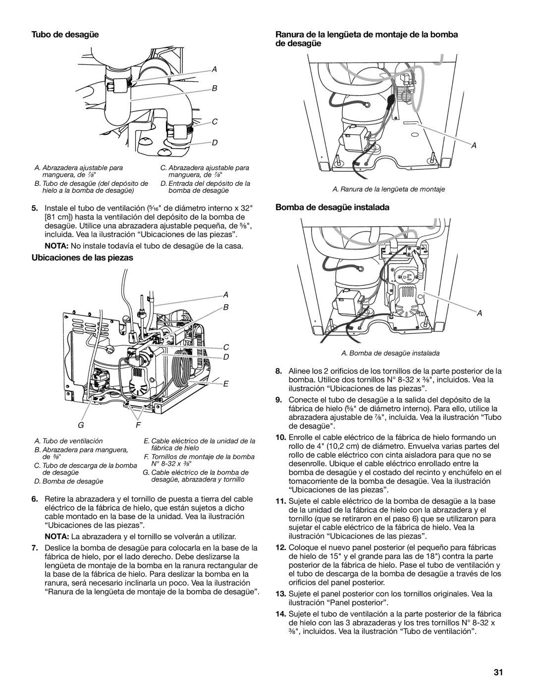 KitchenAid W10520792B Tubo de desagüe, Ranura de la lengüeta de montaje de la bomba de desagüe, Ubicaciones de las piezas 