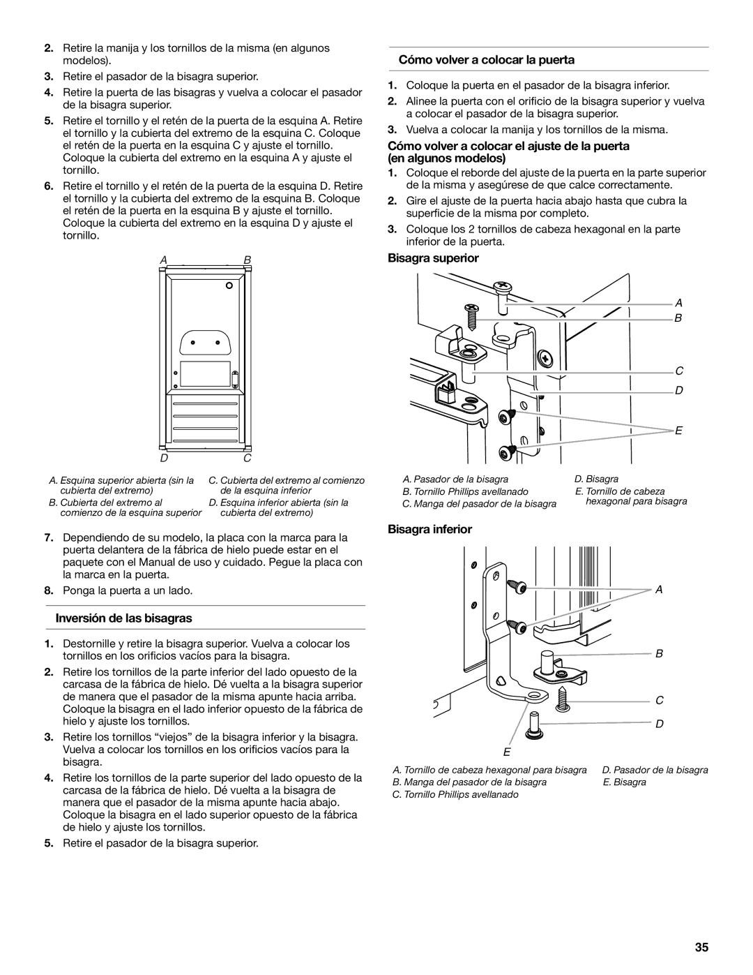 KitchenAid W10520792B manual Inversión de las bisagras, Cómo volver a colocar la puerta, Bisagra superior, Bisagra inferior 