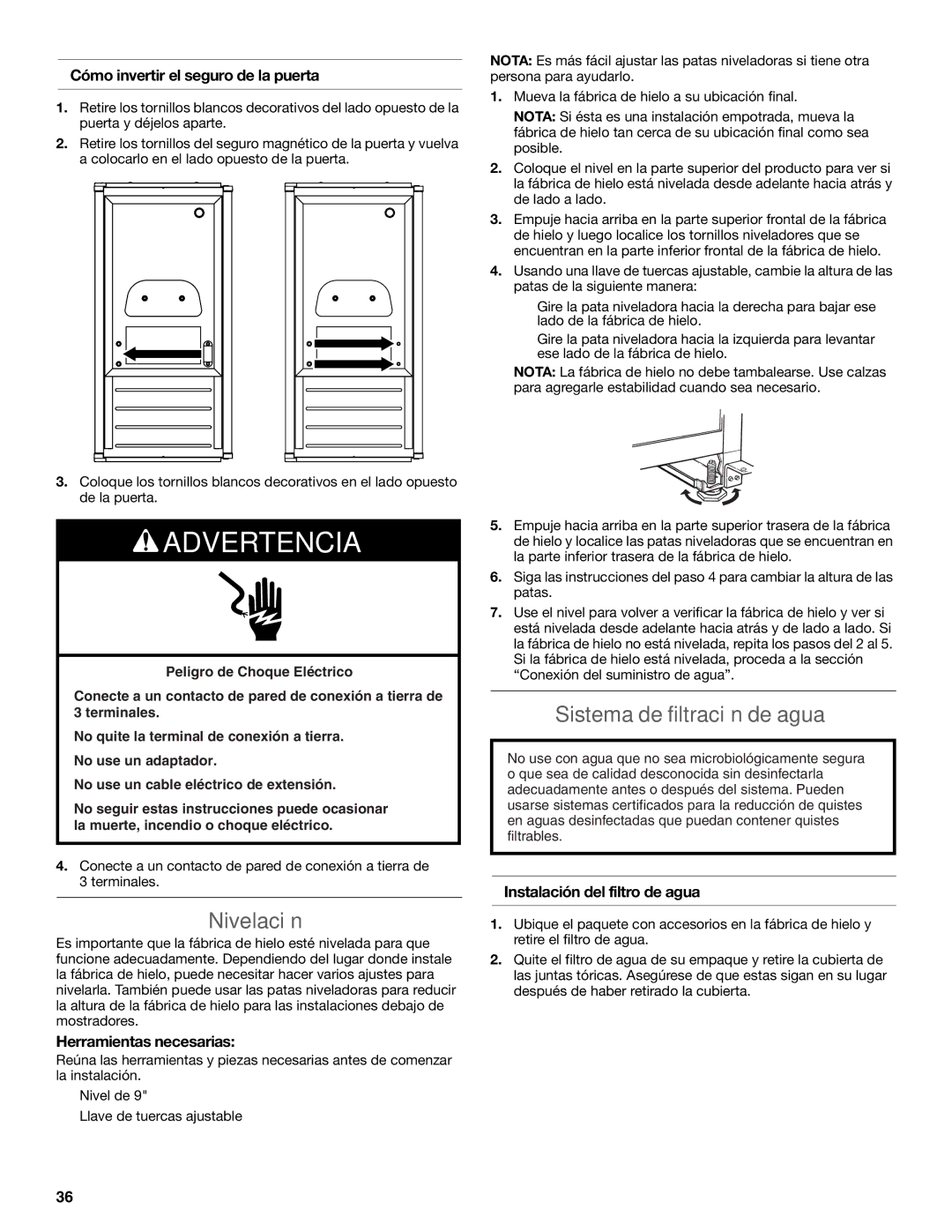 KitchenAid W10520792B manual Nivelación, Sistema de filtración de agua, Cómo invertir el seguro de la puerta 