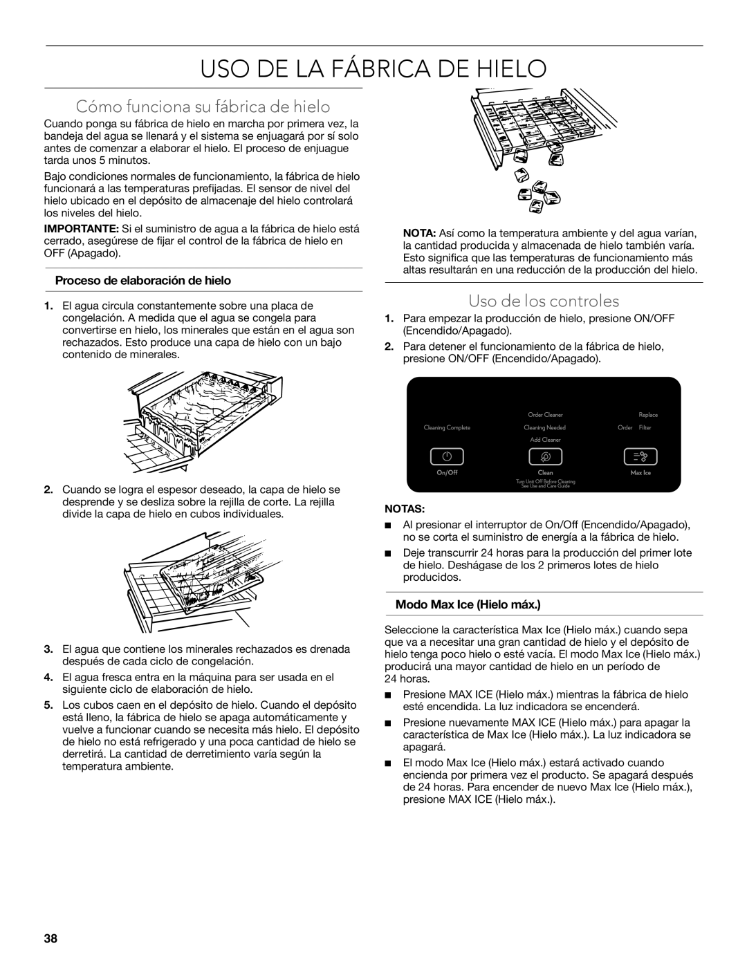 KitchenAid W10520792B manual USO DE LA Fábrica DE Hielo, Cómo funciona su fábrica de hielo, Uso de los controles 