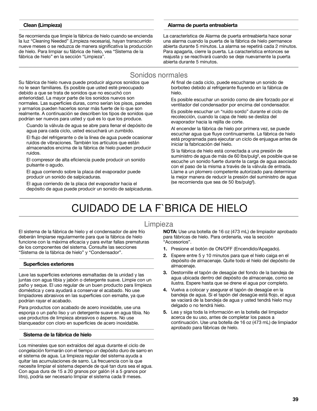 KitchenAid W10520792B manual Cuidado DE LA Fábrica DE Hielo, Sonidos normales, Limpieza 