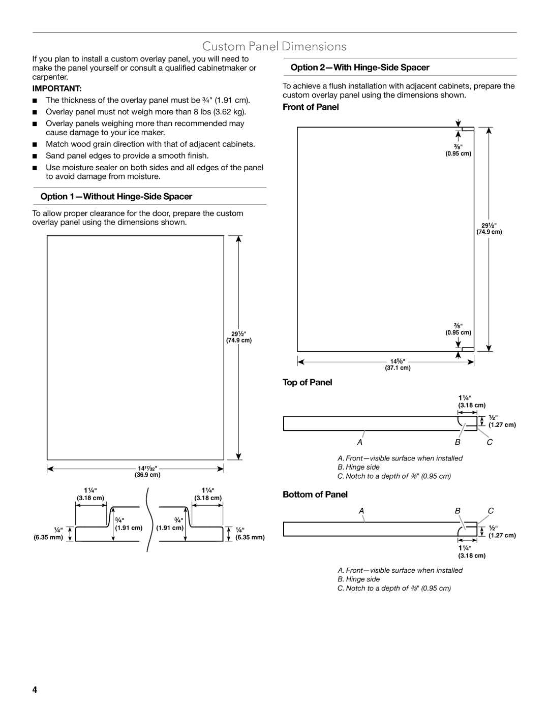 KitchenAid W10520792B manual Custom Panel Dimensions 