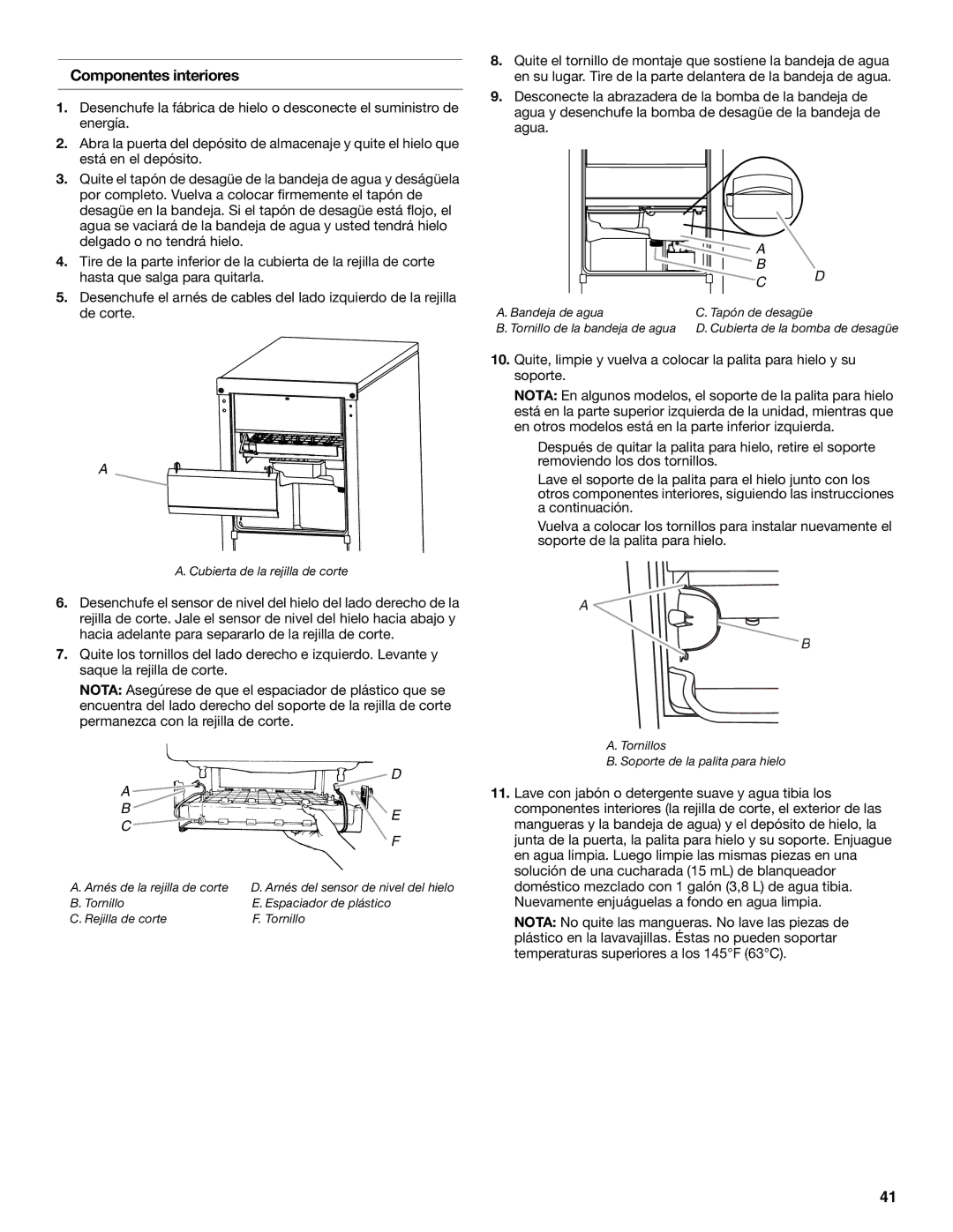 KitchenAid W10520792B manual Componentes interiores, Tornillo Espaciador de plástico Rejilla de corte 